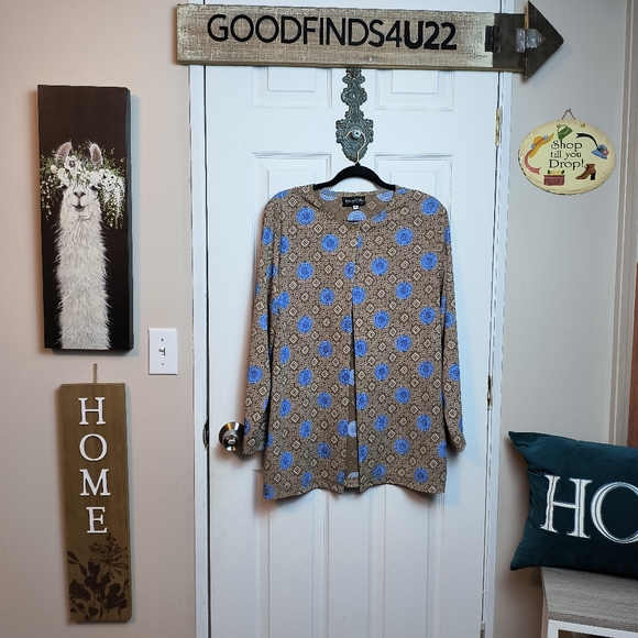 DIANE VON FURSTENBERG TAN BLUE 1 BUTTON JACKET TOP M Modest boho - Picture 1 of 7